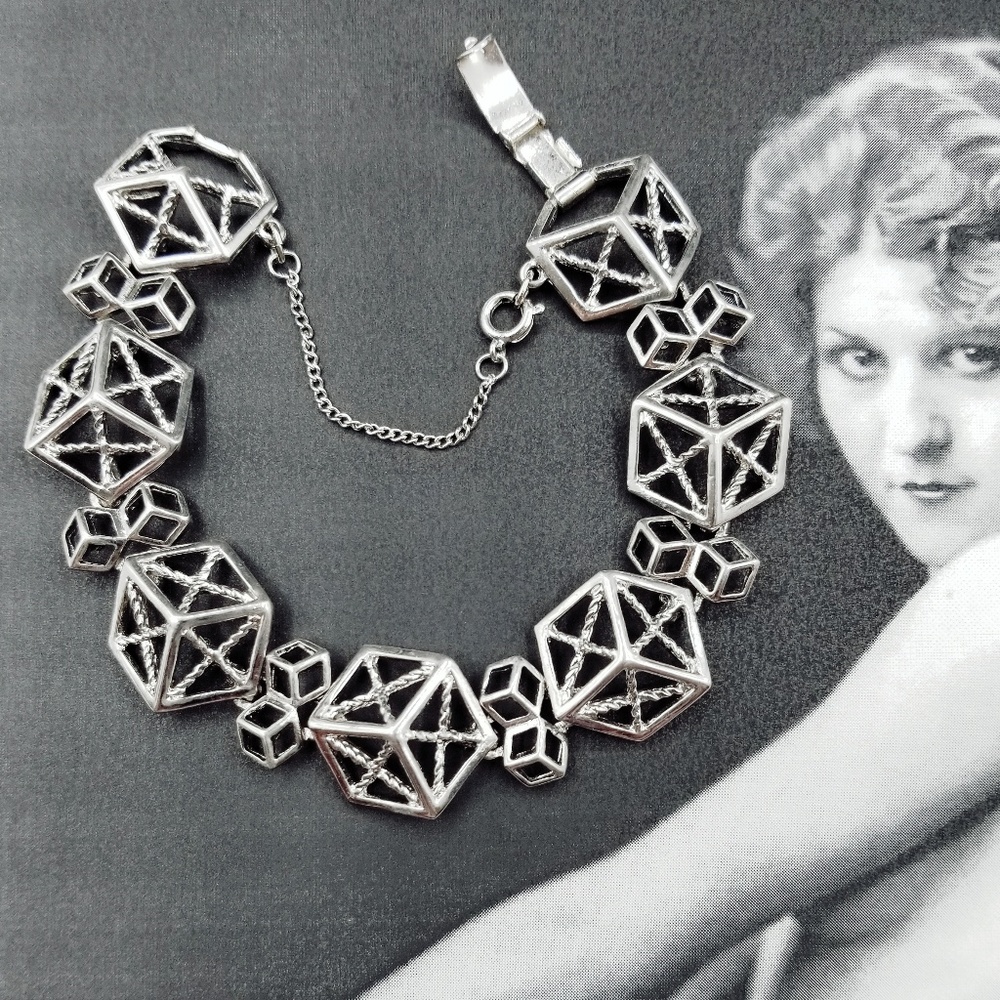 Vintage ROGET silver tone geometric bracelet